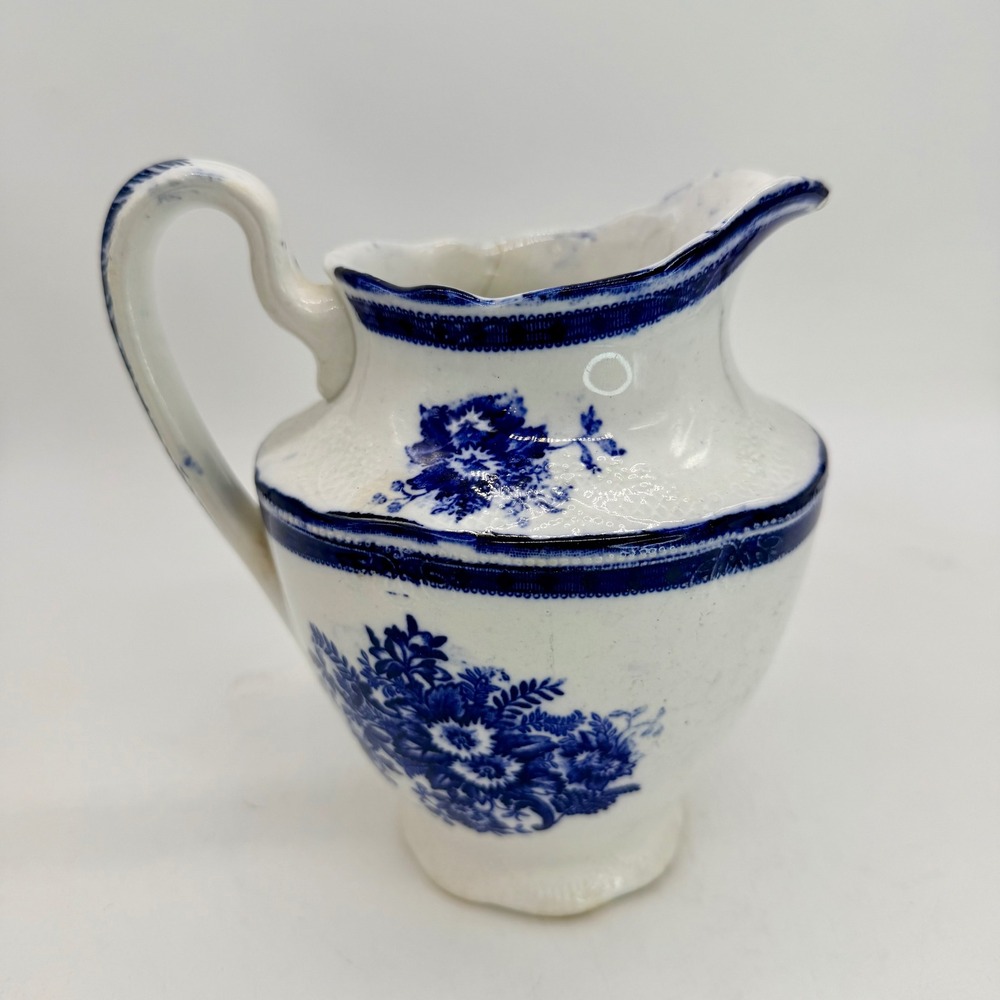 Antique Franz Anton Mehlem Bonn Monaco Blue White Floral Pitcher Germany 1800s
